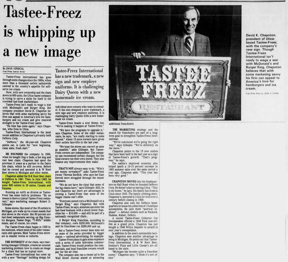 Shorts Drive-In (B&K Root Beer, Allens Root Beer, B-K Root Beer, BK Root Beer) - Nov 3 1983 Article About Tastee-Freez Taking Over B-K